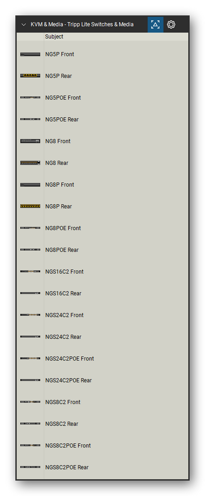 KVM, Console Servers & Media Converters tool set for Bluebeam Revu, Tripp Lite Switches & Media set (tools 21-40 of 54) - 20 views of 10 devices, front and rear: NG5P, NG5POE, NG8, NG8P, NG8POE, NGS16C2, NGS24C2, NGS24C2POE, NGS8C2 and NGS8C2POE. Tool Chest in Detail view, one row per tool with its name.