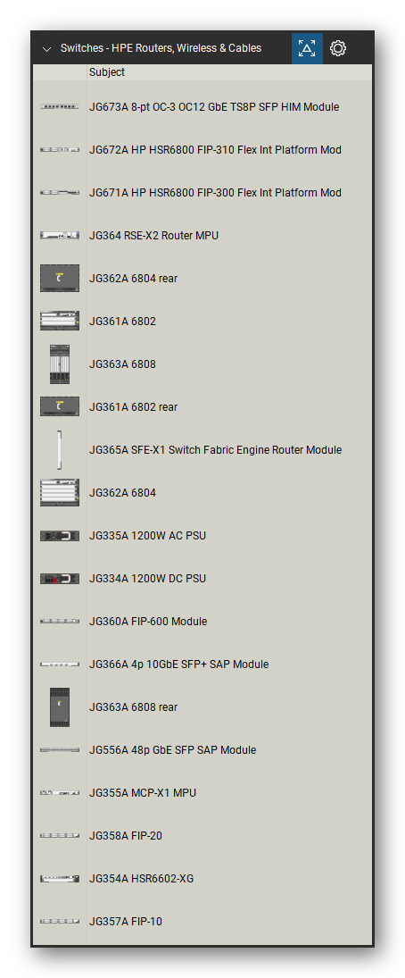 Network Switches & Routers tool set for Bluebeam Revu, HPE Routers, Wireless & Cables set (tools 1-20 of 277) - 20 views of 17 devices, rear: JG673A 8-pt OC-3 OC12 GbE TS8P SFP HIM, JG672A HP HSR6800 FIP-310 Flex Int Platform, JG671A HP HSR6800 FIP-300 Flex Int Platform, JG364 RSE-X2 Router MPU, JG362A 6804, JG361A 6802, JG363A 6808, JG365A SFE-X1 Switch Fabric Engine Router, JG335A 1200W AC PSU, JG334A 1200W DC PSU and 7 more. Tool Chest in Detail view, one row per tool with its name.