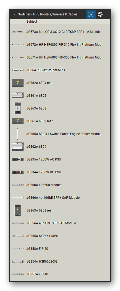 Network Switches & Routers tool set for Bluebeam Revu, HPE Routers, Wireless & Cables set (tools 1-20 of 277) - 20 views of 17 devices, rear: JG673A 8-pt OC-3 OC12 GbE TS8P SFP HIM, JG672A HP HSR6800 FIP-310 Flex Int Platform, JG671A HP HSR6800 FIP-300 Flex Int Platform, JG364 RSE-X2 Router MPU, JG362A 6804, JG361A 6802, JG363A 6808, JG365A SFE-X1 Switch Fabric Engine Router, JG335A 1200W AC PSU, JG334A 1200W DC PSU and 7 more. Tool Chest in Detail view, one row per tool with its name.