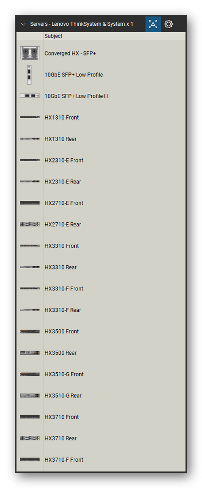 Servers tool set for Bluebeam Revu, Lenovo ThinkSystem & System x 1 set (tools 1-20 of 145) - 20 views of 12 devices, front and rear: Converged HX - SFP+, 10GbE SFP+ Low Profile, 10GbE SFP+ Low Profile H, HX1310, HX2310-E, HX2710-E, HX3310, HX3310-F, HX3500, HX3510-G and 2 more. Tool Chest in Detail view, one row per tool with its name.