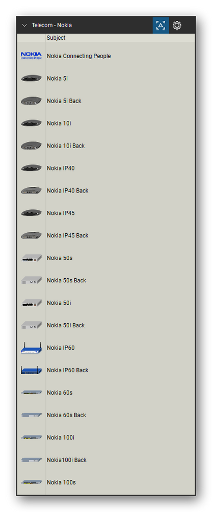 Telecom, Voice & Wireless tool set for Bluebeam Revu, Nokia set (tools 1-20 of 145) - 20 views of 12 devices, rear: Nokia Connecting People, Nokia 5i, Nokia 10i, Nokia IP40, Nokia IP45, Nokia 50s, Nokia 50i, Nokia IP60, Nokia 60s, Nokia 100i and 2 more. Tool Chest in Detail view, one row per tool with its name.