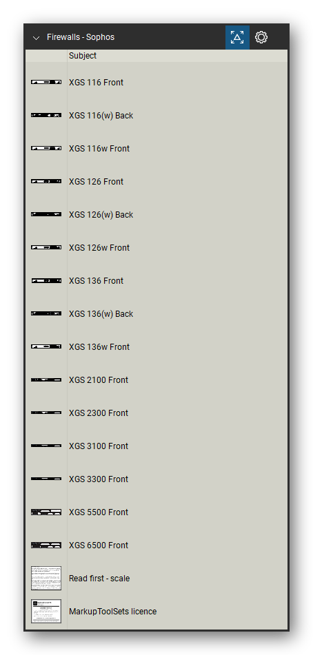 Firewalls & Security Appliances tool set for Bluebeam Revu, Sophos set (tools 18-32 of 32) - 15 tools: XGS 116, XGS 116(w), XGS 116w, XGS 126, XGS 126(w), XGS 126w, XGS 136, XGS 136(w), XGS 136w, XGS 2100 and 5 more. Tool Chest in Detail view, one row per tool with its name.
