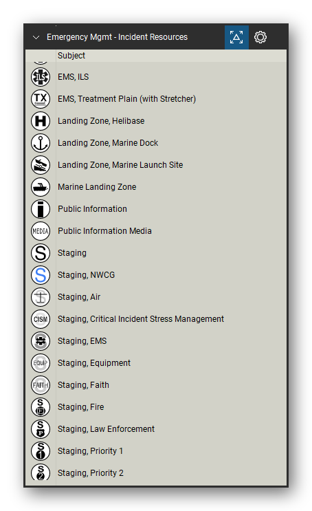 Incident & Emergency Management tool set for Bluebeam Revu, Incident Resources set (tools 39-57 of 74) - 19 tools: EMS, ILS, EMS, Treatment Plain (with Stretcher), Landing Zone, Helibase, Landing Zone, Marine Dock, Landing Zone, Marine Launch Site, Marine Landing Zone, Public Information, Public Information Media, Staging, Staging, NWCG and 9 more. Tool Chest in Detail view, one row per tool with its name.