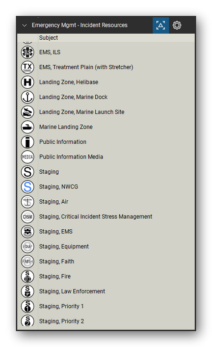 Incident & Emergency Management tool set for Bluebeam Revu, Incident Resources set (tools 39-57 of 74) - 19 tools: EMS, ILS, EMS, Treatment Plain (with Stretcher), Landing Zone, Helibase, Landing Zone, Marine Dock, Landing Zone, Marine Launch Site, Marine Landing Zone, Public Information, Public Information Media, Staging, Staging, NWCG and 9 more. Tool Chest in Detail view, one row per tool with its name.