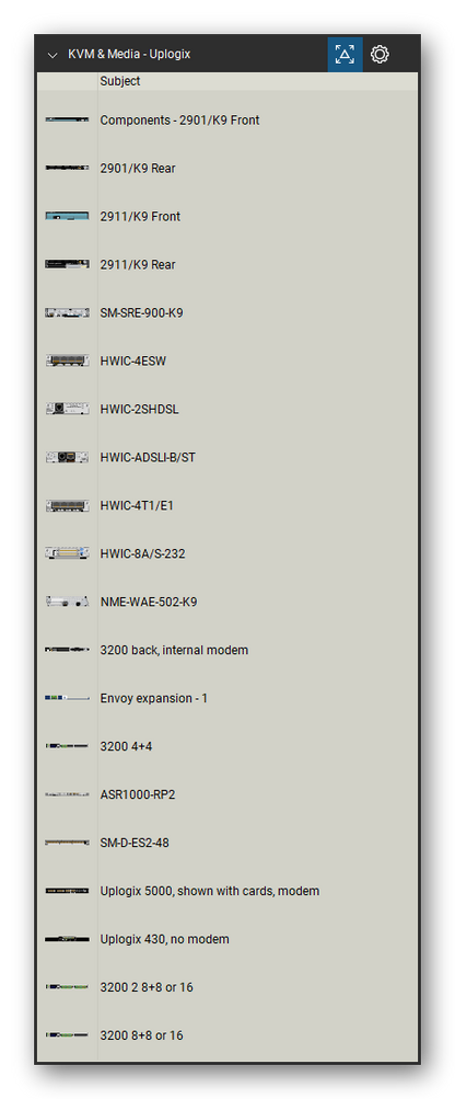 KVM, Console Servers & Media Converters tool set for Bluebeam Revu, Uplogix set (tools 1-20 of 56) - 20 views of 19 devices, front and rear: Components - 2901/K9, 2901/K9, 2911/K9, SM-SRE-900-K9, HWIC-4ESW, HWIC-2SHDSL, HWIC-ADSLI-B/ST, HWIC-4T1/E1, HWIC-8A/S-232, NME-WAE-502-K9 and 9 more. Tool Chest in Detail view, one row per tool with its name.