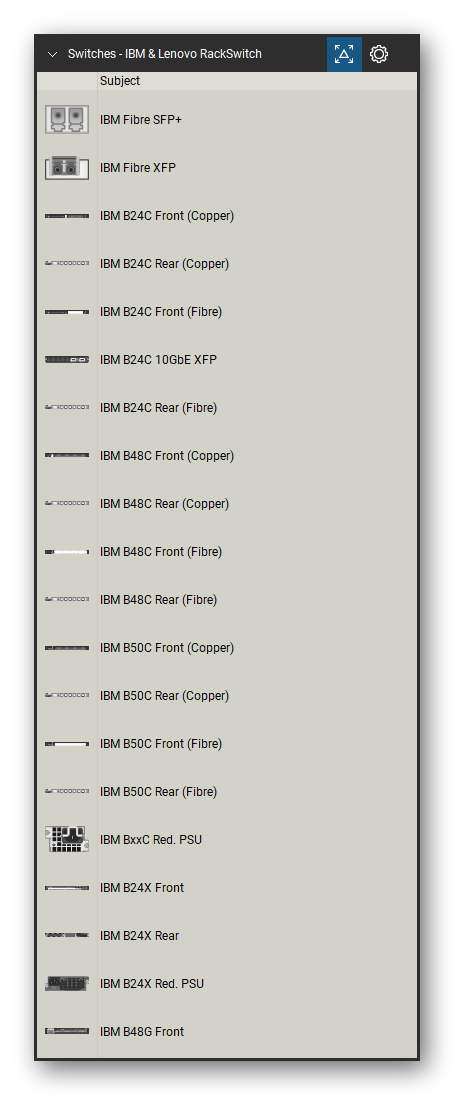 Network Switches & Routers tool set for Bluebeam Revu, IBM & Lenovo RackSwitch set (tools 1-20 of 141) - 20 views of 19 devices, front and rear: IBM Fibre SFP+, IBM Fibre XFP, IBM B24C Front (Copper), IBM B24C Rear (Copper), IBM B24C Front (Fibre), IBM B24C 10GbE XFP, IBM B24C Rear (Fibre), IBM B48C Front (Copper), IBM B48C Rear (Copper), IBM B48C Front (Fibre) and 9 more. Tool Chest in Detail view, one row per tool with its name.