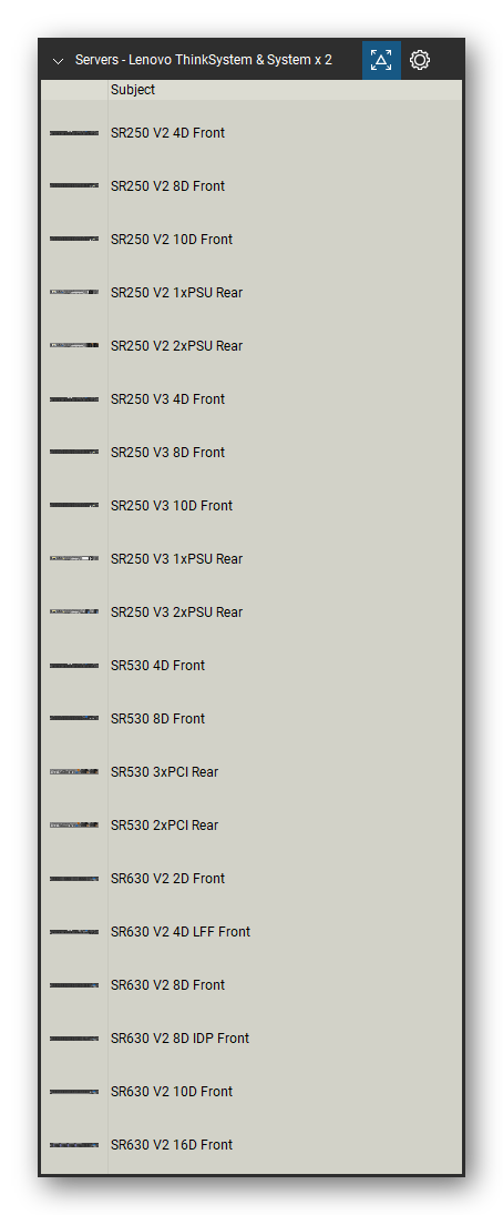 Servers tool set for Bluebeam Revu, Lenovo ThinkSystem & System x 2 set (tools 1-20 of 272) - 20 tools: SR250 V2 4D, SR250 V2 8D, SR250 V2 10D, SR250 V2 1xPSU, SR250 V2 2xPSU, SR250 V3 4D, SR250 V3 8D, SR250 V3 10D, SR250 V3 1xPSU, SR250 V3 2xPSU and 10 more. Tool Chest in Detail view, one row per tool with its name.