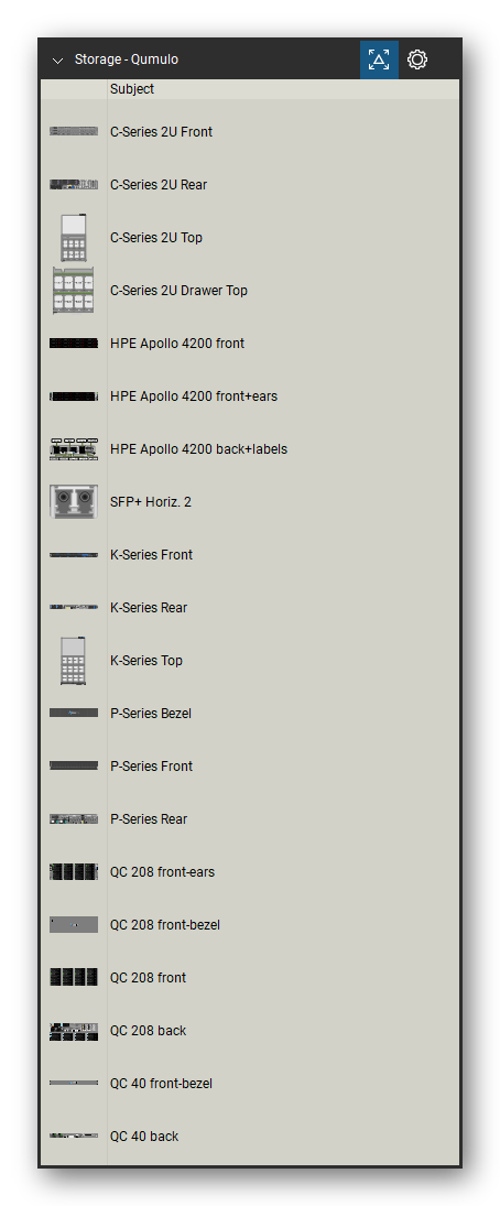 Storage & Backup tool set for Bluebeam Revu, Qumulo set (tools 1-20 of 30) - 20 views of 14 devices, front, rear and top: C-Series 2U, C-Series 2U Drawer, HPE Apollo 4200, HPE Apollo 4200 front+ears, HPE Apollo 4200 back+labels, SFP+ Horiz. 2, K-Series, P-Series Bezel, P-Series, QC 208 front-ears and 4 more. Tool Chest in Detail view, one row per tool with its name.