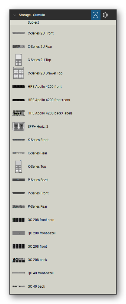 Storage & Backup tool set for Bluebeam Revu, Qumulo set (tools 1-20 of 30) - 20 views of 14 devices, front, rear and top: C-Series 2U, C-Series 2U Drawer, HPE Apollo 4200, HPE Apollo 4200 front+ears, HPE Apollo 4200 back+labels, SFP+ Horiz. 2, K-Series, P-Series Bezel, P-Series, QC 208 front-ears and 4 more. Tool Chest in Detail view, one row per tool with its name.
