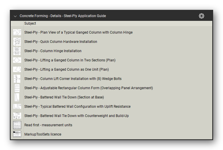 Details steel ply application guide in the Concrete Forming Takeoff & Estimating Bluebeam tool set (sheet 12 of 12)