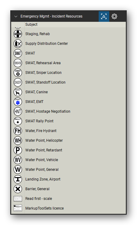 Incident & Emergency Management tool set for Bluebeam Revu, Incident Resources set (tools 58-74 of 74) - 17 tools: Staging, Rehab, Supply Distribution Center, SWAT, SWAT, Rehearsal Area, SWAT, Sniper Location, SWAT, Standoff Location, SWAT, Canine, SWAT, EMT, SWAT, Hostage Negotiation, SWAT Rally Point and 7 more. Tool Chest in Detail view, one row per tool with its name.