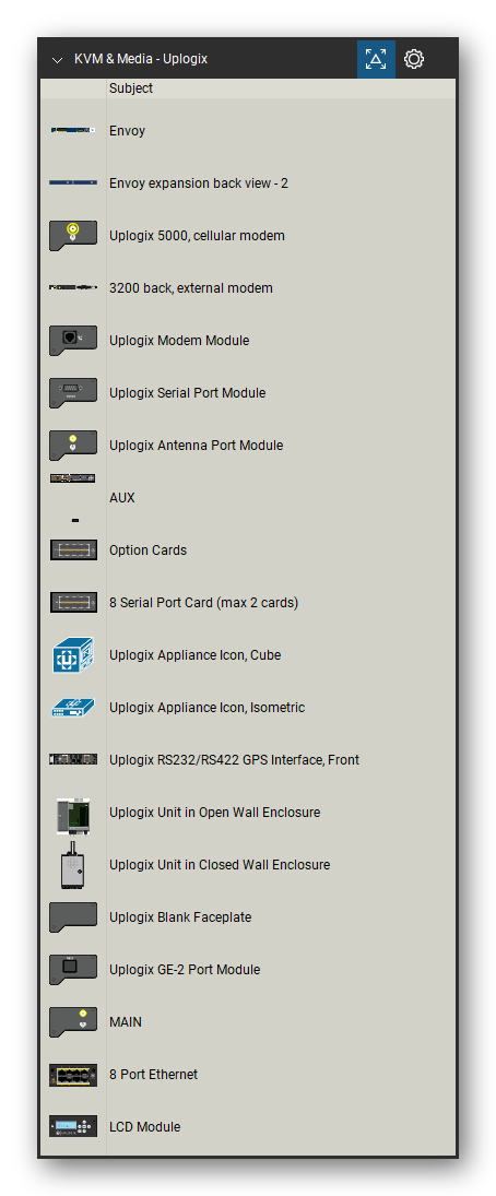 KVM, Console Servers & Media Converters tool set for Bluebeam Revu, Uplogix set (tools 21-40 of 56) - 20 tools: Envoy, Envoy expansion back view - 2, Uplogix 5000, cellular modem, 3200 back, external modem, Uplogix Modem Module, Uplogix Serial Port Module, Uplogix Antenna Port Module, AUX, Option Cards, 8 Serial Port Card (max 2 cards) and 10 more. Tool Chest in Detail view, one row per tool with its name.