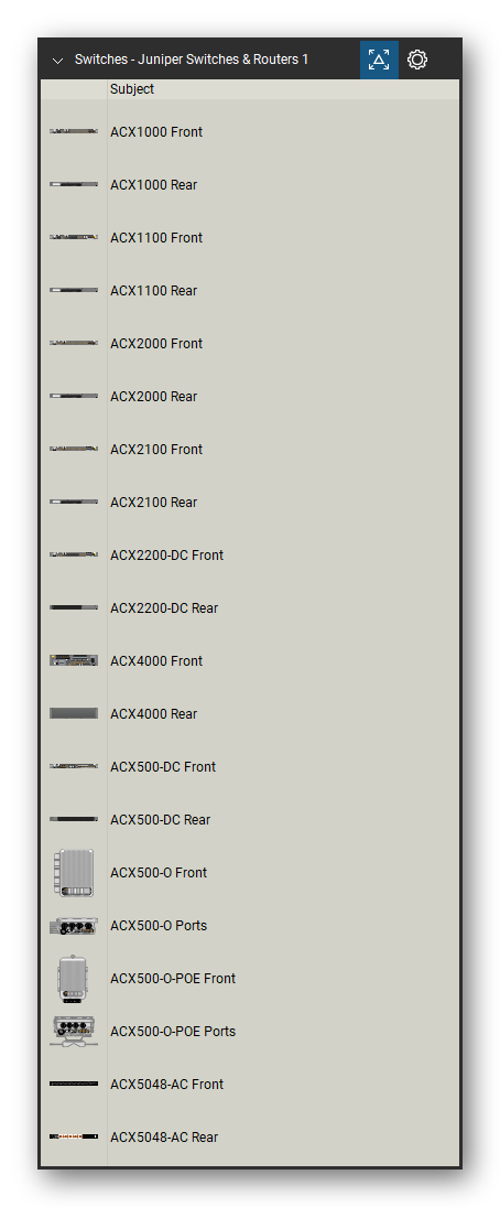 Network Switches & Routers tool set for Bluebeam Revu, Juniper Switches & Routers 1 set (tools 1-20 of 126) - 20 views of 12 devices, front and rear: ACX1000, ACX1100, ACX2000, ACX2100, ACX2200-DC, ACX4000, ACX500-DC, ACX500-O, ACX500-O Ports, ACX500-O-POE and 2 more. Tool Chest in Detail view, one row per tool with its name.
