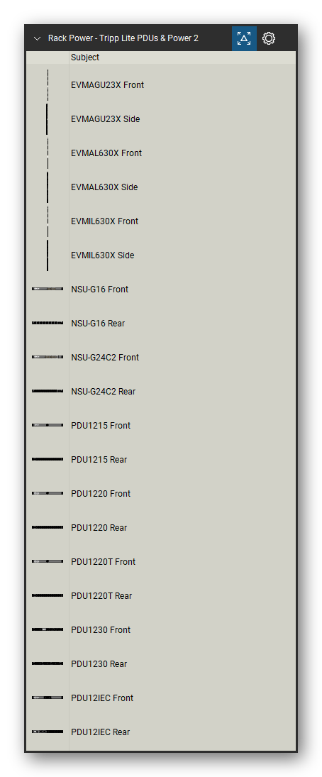 Rack Power tool set for Bluebeam Revu, Tripp Lite PDUs & Power 2 set (tools 1-20 of 244) - 20 views of 10 devices, front, rear and side: EVMAGU23X, EVMAL630X, EVMIL630X, NSU-G16, NSU-G24C2, PDU1215, PDU1220, PDU1220T, PDU1230 and PDU12IEC. Tool Chest in Detail view, one row per tool with its name.