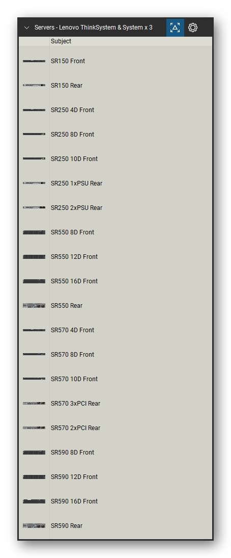 Servers tool set for Bluebeam Revu, Lenovo ThinkSystem & System x 3 set (tools 1-20 of 95) - 20 views of 19 devices, front and rear: SR150, SR250 4D, SR250 8D, SR250 10D, SR250 1xPSU, SR250 2xPSU, SR550 8D, SR550 12D, SR550 16D, SR550 and 9 more. Tool Chest in Detail view, one row per tool with its name.