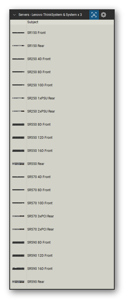 Servers tool set for Bluebeam Revu, Lenovo ThinkSystem & System x 3 set (tools 1-20 of 95) - 20 views of 19 devices, front and rear: SR150, SR250 4D, SR250 8D, SR250 10D, SR250 1xPSU, SR250 2xPSU, SR550 8D, SR550 12D, SR550 16D, SR550 and 9 more. Tool Chest in Detail view, one row per tool with its name.