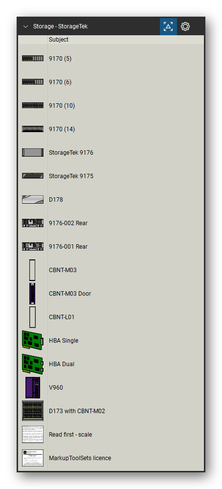 Storage & Backup tool set for Bluebeam Revu, StorageTek set - 16 tools: 9170 (5), 9170 (6), 9170 (10), 9170 (14), StorageTek 9176, StorageTek 9175, D178, 9176-002, 9176-001, CBNT-M03 and 6 more. Tool Chest in Detail view, one row per tool with its name.