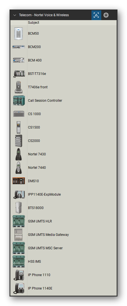 Telecom, Voice & Wireless tool set for Bluebeam Revu, Nortel Voice & Wireless set (tools 1-20 of 39) - 20 tools: BCM50, BCM200, BCM 400, BST-T7316e, T7406e, Call Session Controller, CS 1000, CS1500, CS2000, Nortel 7430 and 10 more. Tool Chest in Detail view, one row per tool with its name.