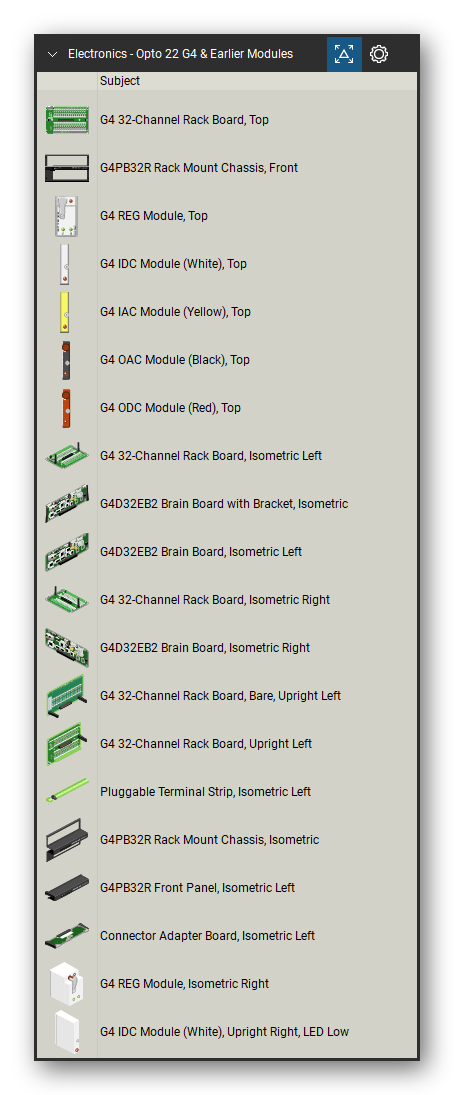 Automation & Electronics tool set for Bluebeam Revu, Opto 22 G4 & Earlier Modules set (tools 1-20 of 214) - 20 views of 17 devices, front, side, top and isometric: G4 32-Channel Rack Board, G4PB32R Rack Mount Chassis, G4 REG Module, G4 IDC Module (White), G4 IAC Module (Yellow), G4 OAC Module (Black), G4 ODC Module (Red), G4 32-Channel Rack Board, Isometric, G4D32EB2 Brain Board with Bracket, G4D32EB2 Brain Board, Isometric and 7 more. Tool Chest in Detail view, one row per tool with its name.