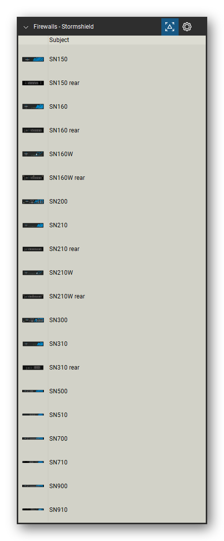 Firewalls & Security Appliances tool set for Bluebeam Revu, Stormshield set (tools 1-20 of 110) - 20 views of 14 devices, rear: SN150, SN160, SN160W, SN200, SN210, SN210W, SN300, SN310, SN500, SN510 and 4 more. Tool Chest in Detail view, one row per tool with its name.