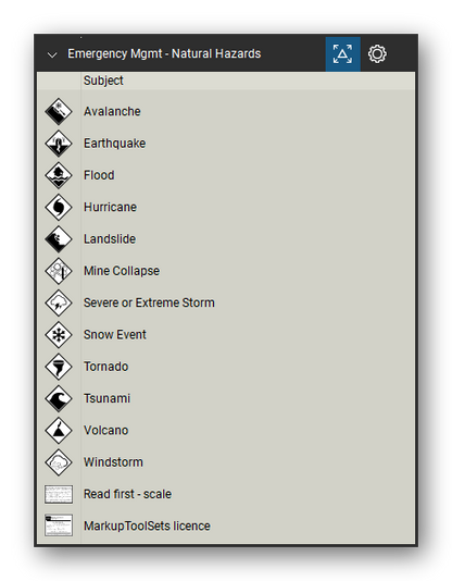 Incident & Emergency Management tool set for Bluebeam Revu, Natural Hazards set - 12 tools: Avalanche, Earthquake, Flood, Hurricane, Landslide, Mine Collapse, Severe or Extreme Storm, Snow Event, Tornado, Tsunami and 2 more. Tool Chest in Detail view, one row per tool with its name.