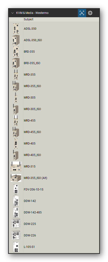 KVM, Console Servers & Media Converters tool set for Bluebeam Revu, Westermo set (tools 1-20 of 85) - 20 tools: ADSL-350, ADSL-350_ISO, BRD-355, BRD-355_ISO, MRD-355, MRD-355_ISO, MRD-305, MRD-305_ISO, MRD-455, MRD-455_ISO and 9 more. Tool Chest in Detail view, one row per tool with its name.