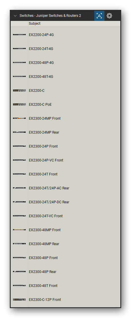Network Switches & Routers tool set for Bluebeam Revu, Juniper Switches & Routers 2 set (tools 1-20 of 224) - 20 views of 17 devices, front and rear: EX2200-24P-4G, EX2200-24T-4G, EX2200-48P-4G, EX2200-48T-4G, EX2200-C, EX2200-C PoE, EX2300-24MP, EX2300-24P, EX2300-24P-VC, EX2300-24T and 7 more. Tool Chest in Detail view, one row per tool with its name.