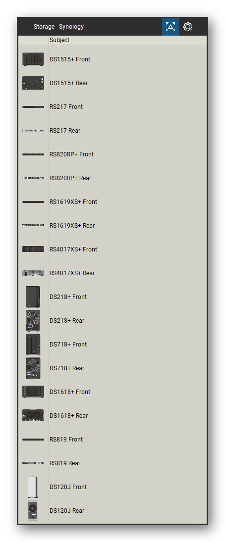 Storage & Backup tool set for Bluebeam Revu, Synology set (tools 1-20 of 36) - 20 views of 10 devices, front and rear: DS1515+, RS217, RS820RP+, RS1619XS+, RS4017XS+, DS218+, DS718+, DS1618+, RS819 and DS120J. Tool Chest in Detail view, one row per tool with its name.