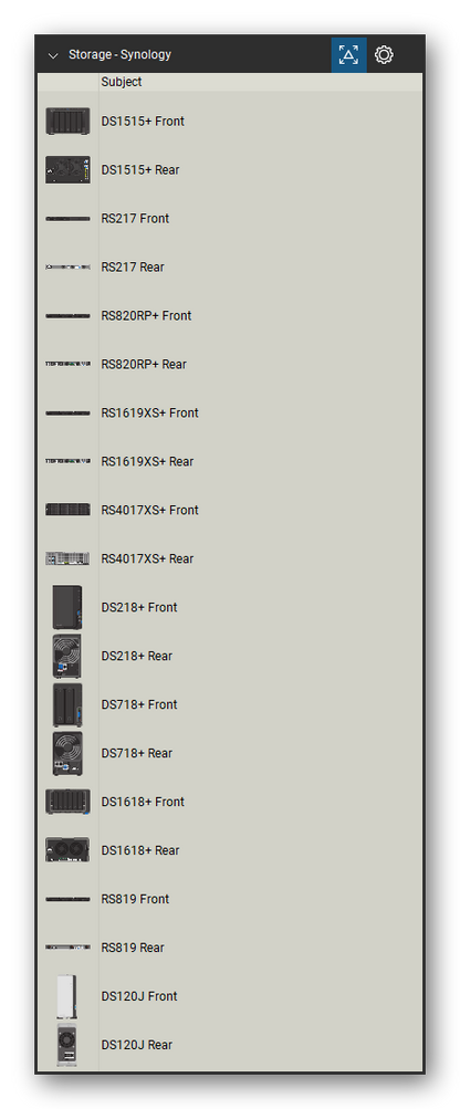 Storage & Backup tool set for Bluebeam Revu, Synology set (tools 1-20 of 36) - 20 views of 10 devices, front and rear: DS1515+, RS217, RS820RP+, RS1619XS+, RS4017XS+, DS218+, DS718+, DS1618+, RS819 and DS120J. Tool Chest in Detail view, one row per tool with its name.