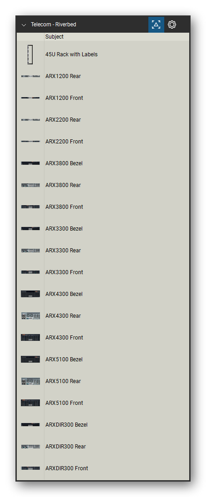 Telecom, Voice & Wireless tool set for Bluebeam Revu, Riverbed set (tools 1-20 of 123) - 20 views of 13 devices, front and rear: 45U Rack with Labels, ARX1200, ARX2200, ARX3800 Bezel, ARX3800, ARX3300 Bezel, ARX3300, ARX4300 Bezel, ARX4300, ARX5100 Bezel and 3 more. Tool Chest in Detail view, one row per tool with its name.