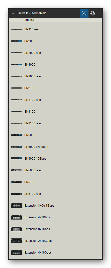 Firewalls & Security Appliances tool set for Bluebeam Revu, Stormshield set (tools 21-40 of 110) - 20 views of 14 devices, rear: SN910, SN2000, SN3000, SN2100, SN3100, SN6000, SN6000 evolution, SN6000 10Gbps, SN6100, Extension 8xCu 1Gbps and 4 more. Tool Chest in Detail view, one row per tool with its name.