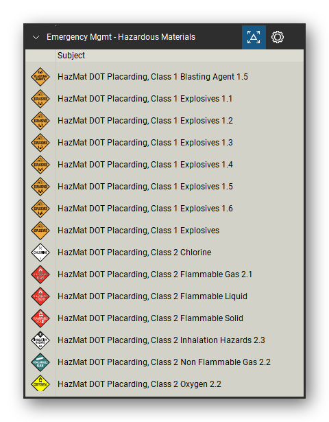 Incident & Emergency Management tool set for Bluebeam Revu, Hazardous Materials set (tools 1-15 of 42) - 15 tools: HazMat DOT Placarding, Class 1 Blasting, HazMat DOT Placarding, Class 1 Explosives, HazMat DOT Placarding, Class 2 Chlorine, HazMat DOT Placarding, Class 2 Flammable Gas, HazMat DOT Placarding, Class 2 Flammable, HazMat DOT Placarding, Class 2 Inhalation, HazMat DOT Placarding, Class 2 Non Flammable, HazMat DOT Placarding and more. Tool Chest in Detail view, one row per tool with its name.