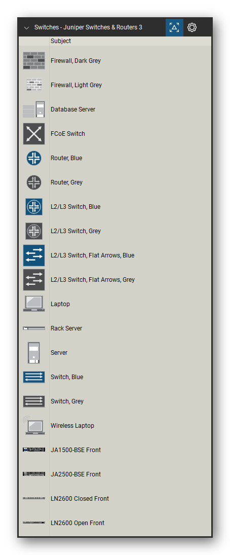 Network Switches & Routers tool set for Bluebeam Revu, Juniper Switches & Routers 3 set (tools 1-20 of 221) - 20 tools: Firewall, Dark Grey, Firewall, Light Grey, Database Server, FCoE Switch, Router, Blue, Router, Grey, L2/L3 Switch, Blue, L2/L3 Switch, Grey, L2/L3 Switch, Flat Arrows, Blue, L2/L3 Switch, Flat Arrows, Grey and 10 more. Tool Chest in Detail view, one row per tool with its name.