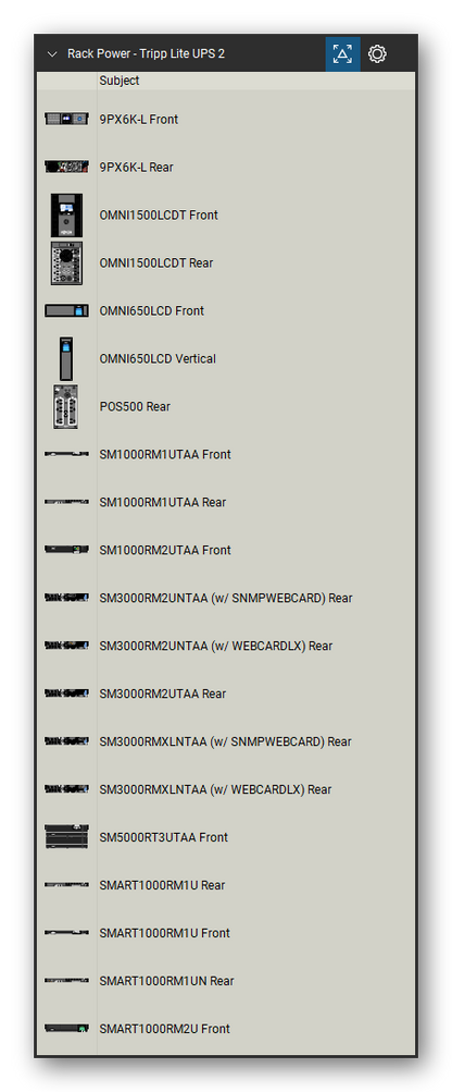 Rack Power tool set for Bluebeam Revu, Tripp Lite UPS 2 set (tools 1-20 of 261) - 20 views of 16 devices, front and rear: 9PX6K-L, OMNI1500LCDT, OMNI650LCD, OMNI650LCD Vertical, POS500, SM1000RM1UTAA, SM1000RM2UTAA, SM3000RM2UNTAA (w/ SNMPWEBCARD), SM3000RM2UNTAA (w/ WEBCARDLX), SM3000RM2UTAA and 6 more. Tool Chest in Detail view, one row per tool with its name.