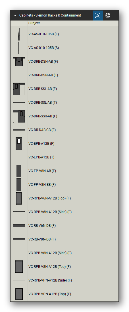Racks, Cabinets & Cable Pathways tool set for Bluebeam Revu, Siemon Racks & Containment set (tools 1-20 of 105) - 20 views of 16 devices, front, side and top: VC-AS-010-105B, VC-DRB-DSN-AB, VC-DRB-SSL-AB, VC-DRB-SSR-AB, VC-DR-DAB-CB, VC-EPB-A12B, VC-FP-V8N-AB, VC-FP-V8N-BB, VC-RPB-V6N-A12B (Top), VC-RPB-V6N-A12B (Side) and 6 more. Tool Chest in Detail view, one row per tool with its name.