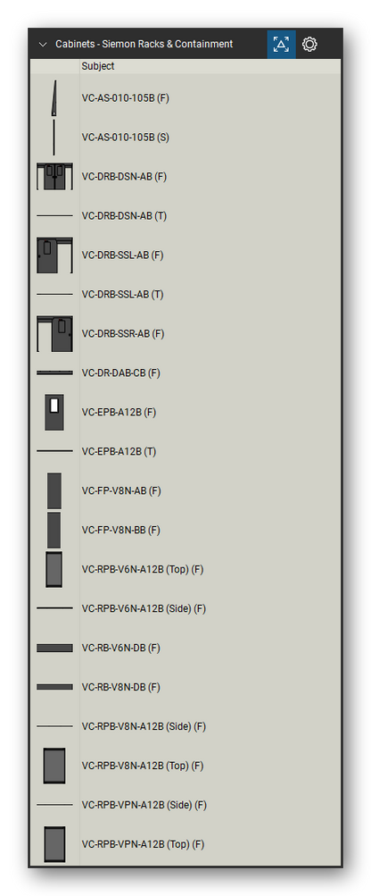 Racks, Cabinets & Cable Pathways tool set for Bluebeam Revu, Siemon Racks & Containment set (tools 1-20 of 105) - 20 views of 16 devices, front, side and top: VC-AS-010-105B, VC-DRB-DSN-AB, VC-DRB-SSL-AB, VC-DRB-SSR-AB, VC-DR-DAB-CB, VC-EPB-A12B, VC-FP-V8N-AB, VC-FP-V8N-BB, VC-RPB-V6N-A12B (Top), VC-RPB-V6N-A12B (Side) and 6 more. Tool Chest in Detail view, one row per tool with its name.