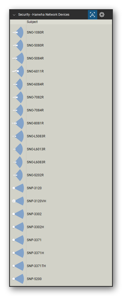 Security & Surveillance tool set for Bluebeam Revu, Hanwha Network Devices set (tools 61-80 of 204) - 20 tools: SNO-1080R, SNO-5080R, SNO-5084R, SNO-6011R, SNO-6084R, SNO-7082R, SNO-7084R, SNO-8081R, SNO-L5083R, SNO-L6013R and 10 more. Tool Chest in Detail view, one row per tool with its name.
