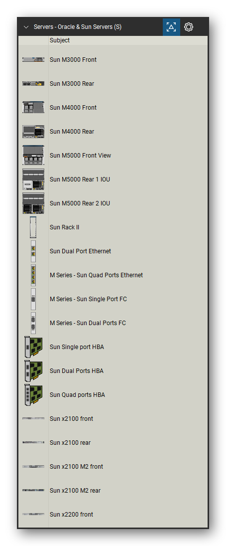 Servers tool set for Bluebeam Revu, Oracle & Sun Servers (S) set (tools 1-20 of 141) - 20 views of 16 devices, front and rear: Sun M3000, Sun M4000, Sun M5000, Sun M5000 Rear 1 IOU, Sun M5000 Rear 2 IOU, Sun Rack II, Sun Dual Port Ethernet, M Series - Sun Quad Ports Ethernet, M Series - Sun Single Port FC, M Series - Sun Dual Ports FC and 6 more. Tool Chest in Detail view, one row per tool with its name.