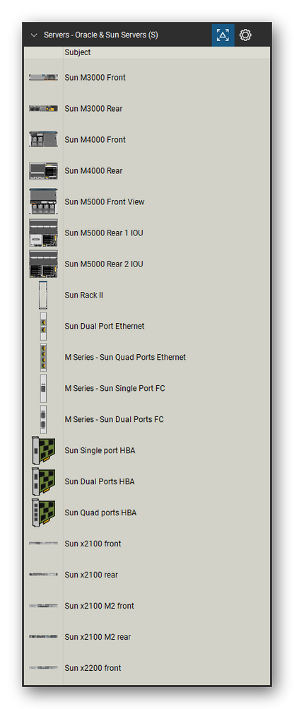 Servers tool set for Bluebeam Revu, Oracle & Sun Servers (S) set (tools 1-20 of 141) - 20 views of 16 devices, front and rear: Sun M3000, Sun M4000, Sun M5000, Sun M5000 Rear 1 IOU, Sun M5000 Rear 2 IOU, Sun Rack II, Sun Dual Port Ethernet, M Series - Sun Quad Ports Ethernet, M Series - Sun Single Port FC, M Series - Sun Dual Ports FC and 6 more. Tool Chest in Detail view, one row per tool with its name.