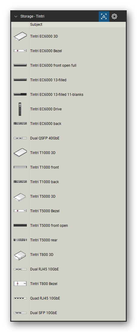 Storage & Backup tool set for Bluebeam Revu, Tintri set (tools 1-20 of 109) - 20 views of 16 devices, front, rear and isometric: Tintri EC6000, Tintri EC6000 Bezel, Tintri EC6000 front open full, Tintri EC6000 13-filled, Tintri EC6000 13-filled 11-blanks, Tintri EC6000 Drive, Dual QSFP 40GbE, Tintri T1000, Tintri T5000, Tintri T5000 Bezel and 6 more. Tool Chest in Detail view, one row per tool with its name.