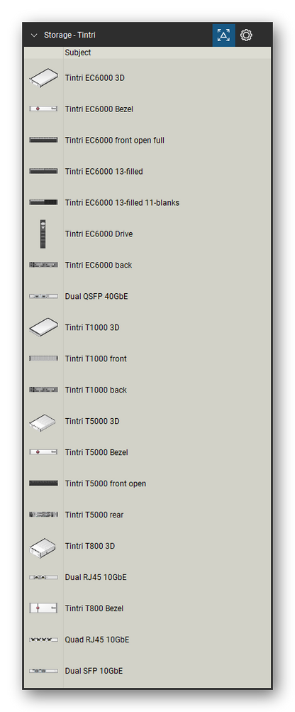 Storage & Backup tool set for Bluebeam Revu, Tintri set (tools 1-20 of 109) - 20 views of 16 devices, front, rear and isometric: Tintri EC6000, Tintri EC6000 Bezel, Tintri EC6000 front open full, Tintri EC6000 13-filled, Tintri EC6000 13-filled 11-blanks, Tintri EC6000 Drive, Dual QSFP 40GbE, Tintri T1000, Tintri T5000, Tintri T5000 Bezel and 6 more. Tool Chest in Detail view, one row per tool with its name.
