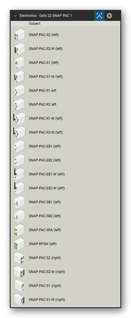 Automation & Electronics tool set for Bluebeam Revu, Opto 22 SNAP PAC 1 set (tools 1-20 of 289) - 20 views of 16 devices, side: SNAP-PAC-S2, SNAP-PAC-S2-W, SNAP-PAC-S1, SNAP-PAC-S1-W, SNAP-PAC-R1, SNAP-PAC-R2, SNAP-PAC-R1-W, SNAP-PAC-R2-W, SNAP-PAC-EB1, SNAP-PAC-EB2 and 6 more. Tool Chest in Detail view, one row per tool with its name.