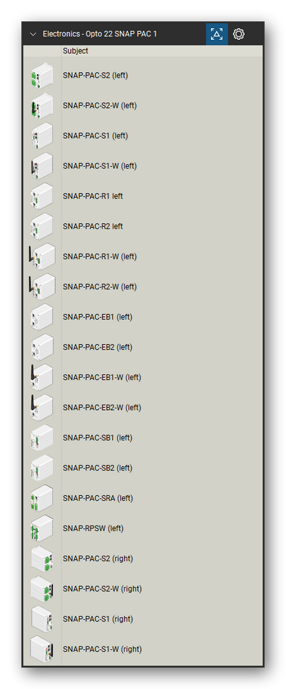 Automation & Electronics tool set for Bluebeam Revu, Opto 22 SNAP PAC 1 set (tools 1-20 of 289) - 20 views of 16 devices, side: SNAP-PAC-S2, SNAP-PAC-S2-W, SNAP-PAC-S1, SNAP-PAC-S1-W, SNAP-PAC-R1, SNAP-PAC-R2, SNAP-PAC-R1-W, SNAP-PAC-R2-W, SNAP-PAC-EB1, SNAP-PAC-EB2 and 6 more. Tool Chest in Detail view, one row per tool with its name.