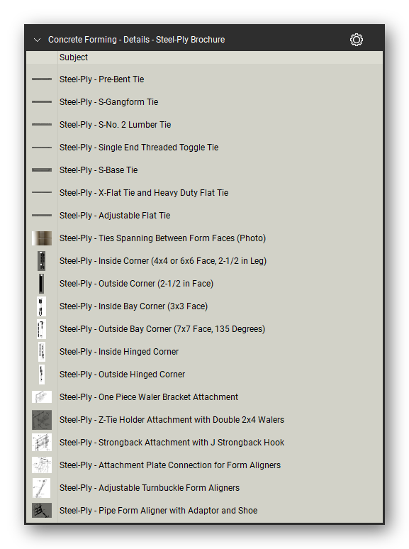 Details steel ply brochure in the Concrete Forming Takeoff & Estimating Bluebeam tool set (sheet 2 of 5)