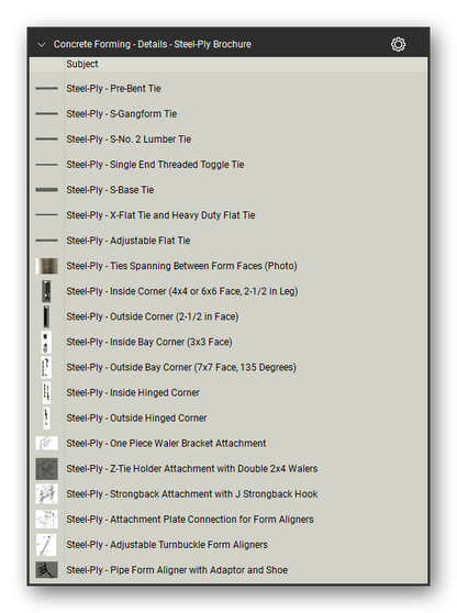 Details steel ply brochure in the Concrete Forming Takeoff & Estimating Bluebeam tool set (sheet 2 of 5)