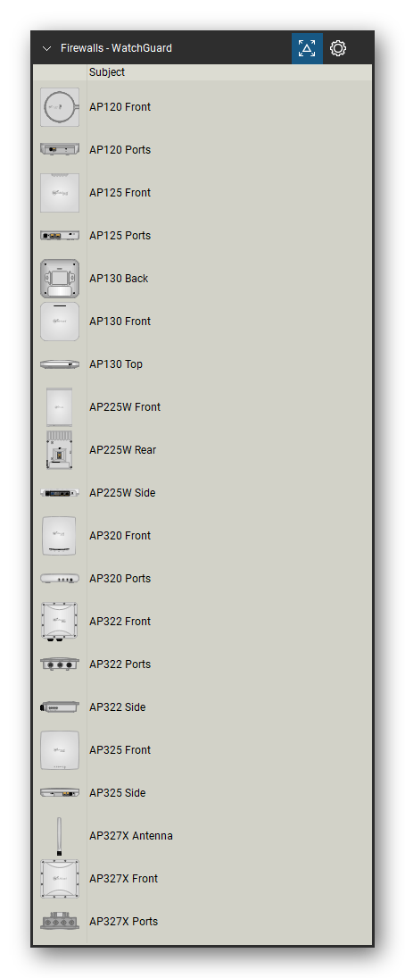 Firewalls & Security Appliances tool set for Bluebeam Revu, WatchGuard set (tools 1-20 of 136) - 20 views of 14 devices, front, rear, side and top: AP120, AP120 Ports, AP125, AP125 Ports, AP130, AP225W, AP320, AP320 Ports, AP322, AP322 Ports and 4 more. Tool Chest in Detail view, one row per tool with its name.
