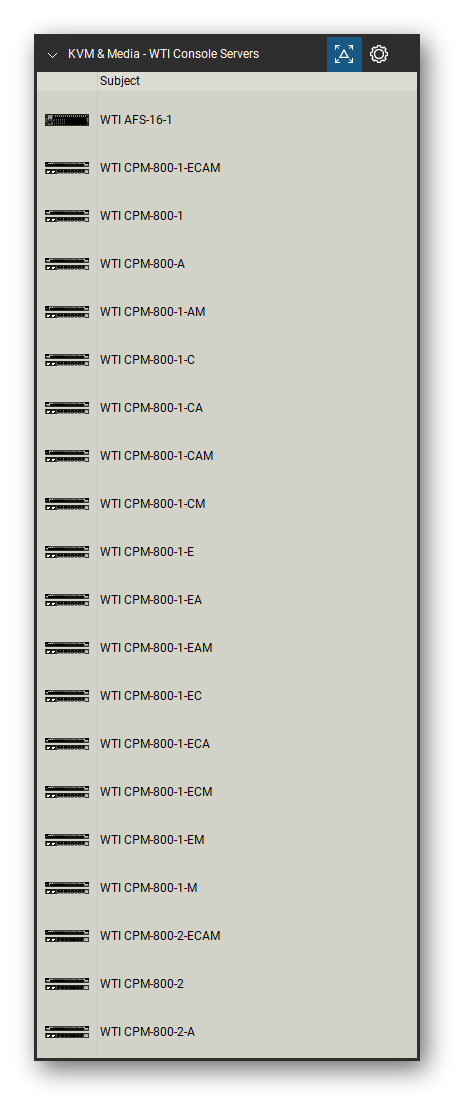 KVM, Console Servers & Media Converters tool set for Bluebeam Revu, WTI Console Servers set (tools 1-20 of 133) - 20 tools: WTI AFS-16-1, WTI CPM-800-1-ECAM, WTI CPM-800-1, WTI CPM-800-A, WTI CPM-800-1-AM, WTI CPM-800-1-C, WTI CPM-800-1-CA, WTI CPM-800-1-CAM, WTI CPM-800-1-CM, WTI CPM-800-1-E and 10 more. Tool Chest in Detail view, one row per tool with its name.