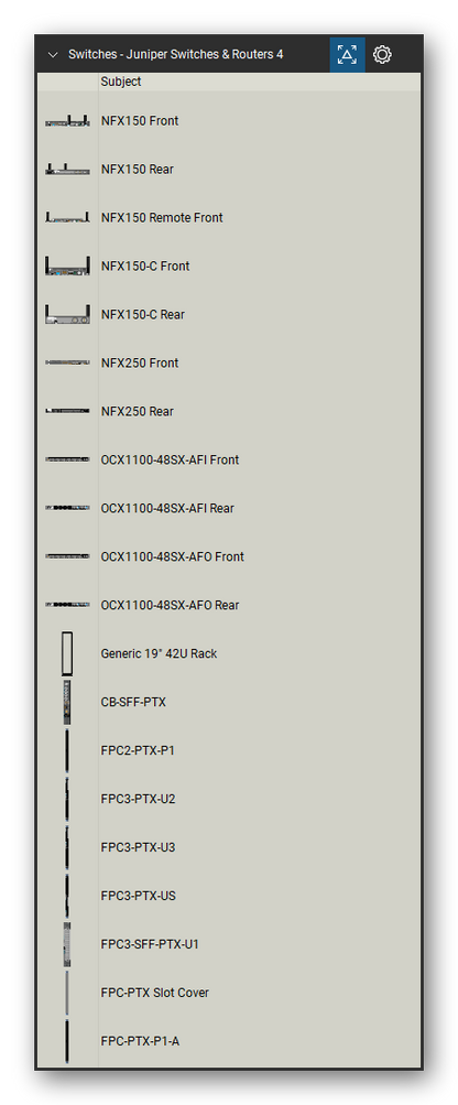 Network Switches & Routers tool set for Bluebeam Revu, Juniper Switches & Routers 4 set (tools 1-20 of 201) - 20 views of 15 devices, front and rear: NFX150, NFX150 Remote, NFX150-C, NFX250, OCX1100-48SX-AFI, OCX1100-48SX-AFO, Generic 19" 42U Rack, CB-SFF-PTX, FPC2-PTX-P1, FPC3-PTX-U2 and 5 more. Tool Chest in Detail view, one row per tool with its name.