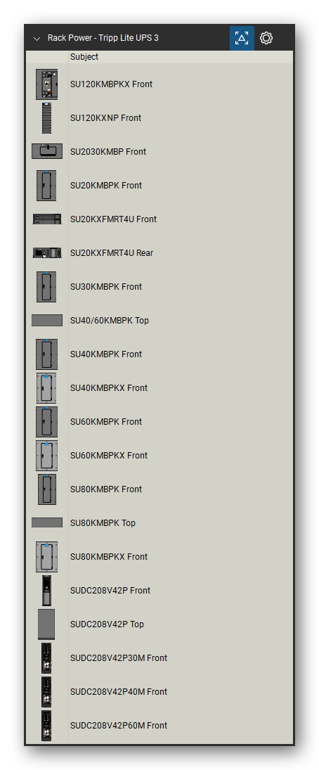 Rack Power tool set for Bluebeam Revu, Tripp Lite UPS 3 set (tools 1-20 of 220) - 20 views of 17 devices, front, rear and top: SU120KMBPKX, SU120KXNP, SU2030KMBP, SU20KMBPK, SU20KXFMRT4U, SU30KMBPK, SU40/60KMBPK, SU40KMBPK, SU40KMBPKX, SU60KMBPK and 7 more. Tool Chest in Detail view, one row per tool with its name.