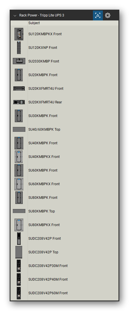 Rack Power tool set for Bluebeam Revu, Tripp Lite UPS 3 set (tools 1-20 of 220) - 20 views of 17 devices, front, rear and top: SU120KMBPKX, SU120KXNP, SU2030KMBP, SU20KMBPK, SU20KXFMRT4U, SU30KMBPK, SU40/60KMBPK, SU40KMBPK, SU40KMBPKX, SU60KMBPK and 7 more. Tool Chest in Detail view, one row per tool with its name.